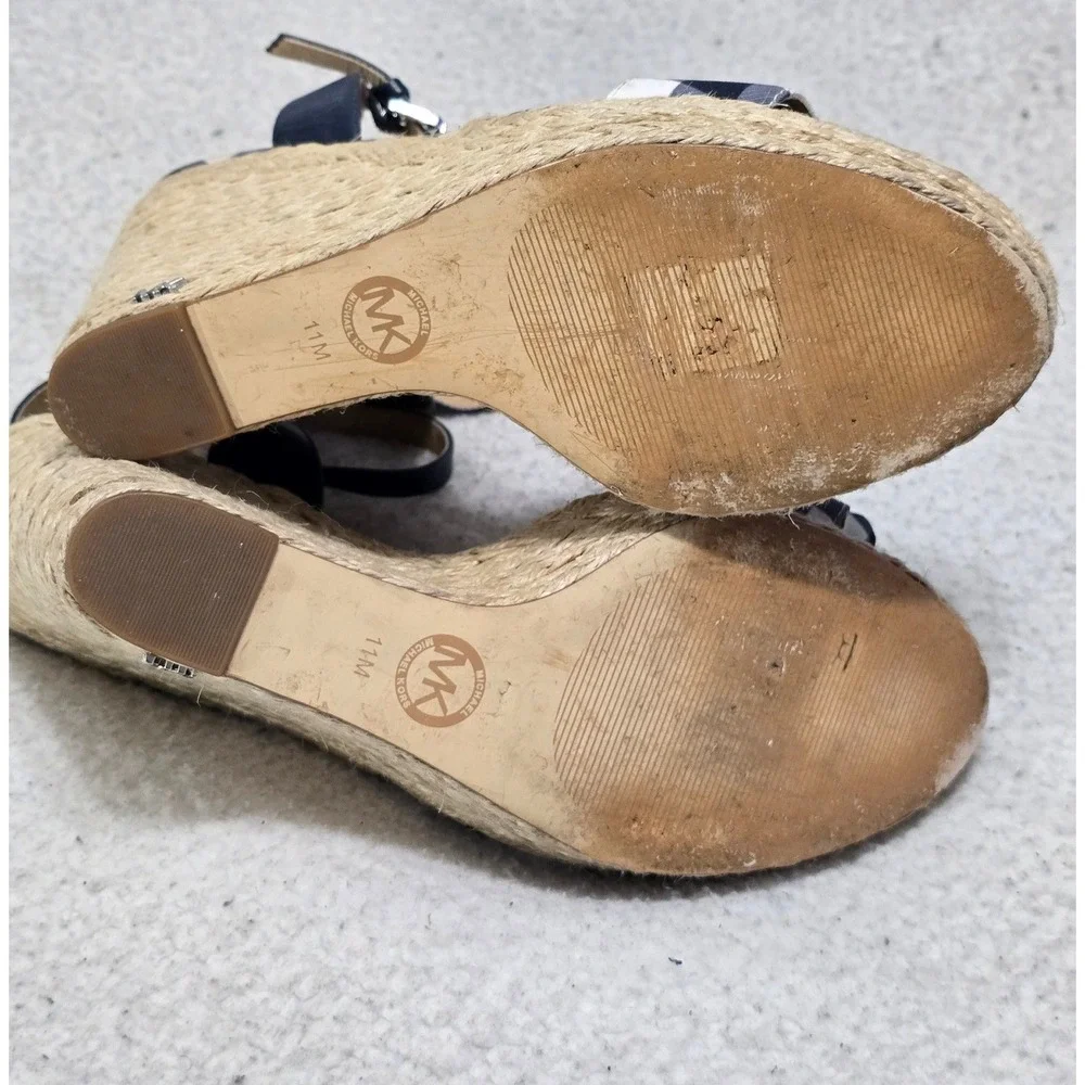 Michael Kors Gingham Espadrille Wedge Sandals Navy White Bow 11M